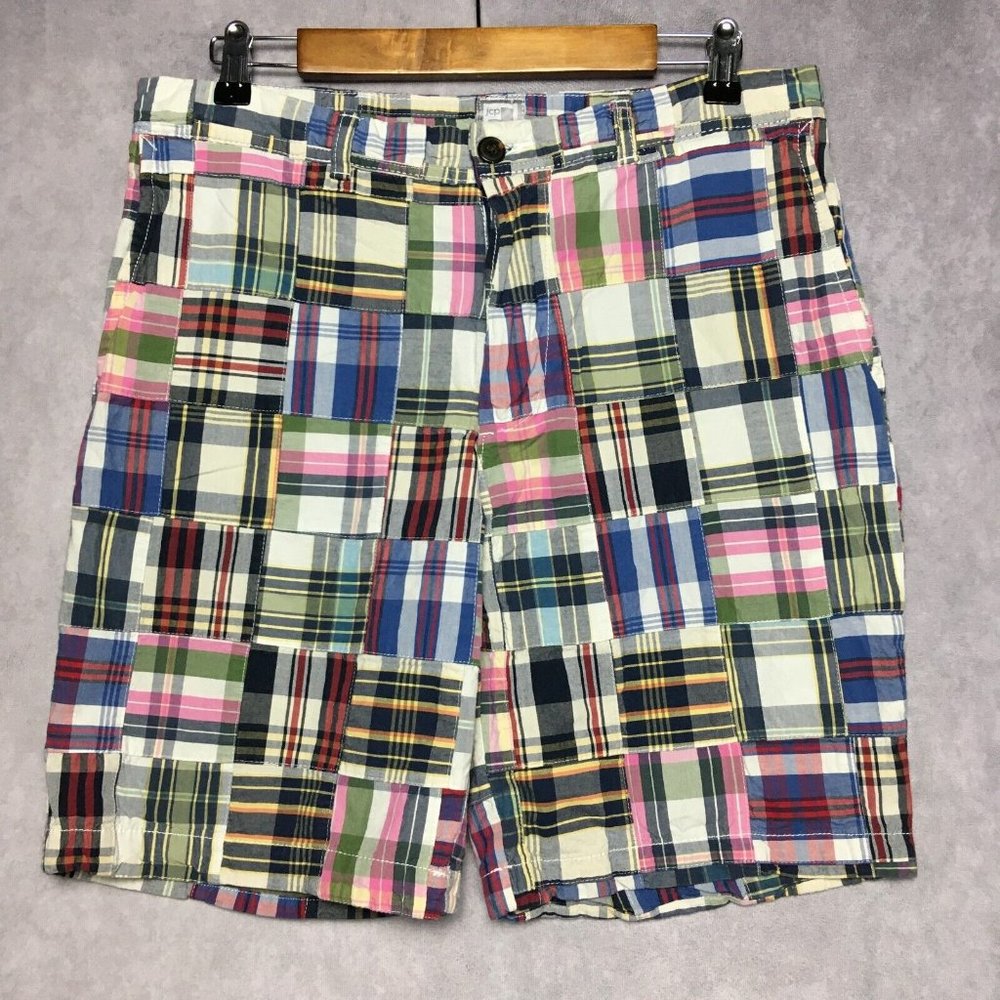 JC Penny Mens Madras Plaid‎ Quilt Patch Work Shorts size 34 Flat Front Pockets